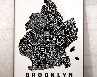 Brooklyn neighborhood map print, signed print of my original Brooklyn typography map art