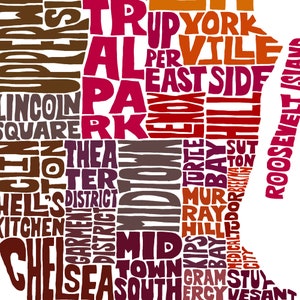 Framed Manhattan neighborhoods map art print, Multiple sizes, color schemes & frame options available, Manhattan art print, Manhattan gift Red Tones