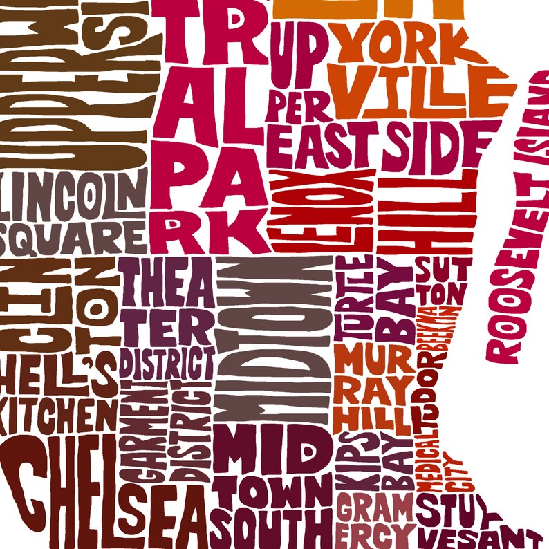 Framed Manhattan neighborhoods map art print, Multiple sizes, color schemes & frame options available, Manhattan art print, Manhattan gift Red Tones
