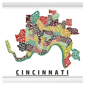 Cincinnati neighborhood map print, Chicago map art print signed, Several Colors and Sizes Available, Hand-lettered map of Cincinnati poster