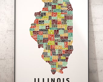 Illinois map art, Illinois art print, signed print of my original hand drawn Illinois map art