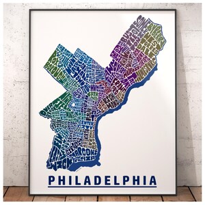 Philadelphia neighborhood map art print, Philadelphia gift, print of my original hand drawn Philadelphia typography art, many colors avail Blue Tones