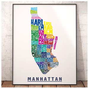 Manhattan neighborhood map art print, signed print of my original hand drawn Manhattan typography art, Manhattan gift