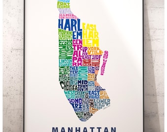 Manhattan neighborhood map art print, signed print of my original hand drawn Manhattan typography art, Manhattan gift