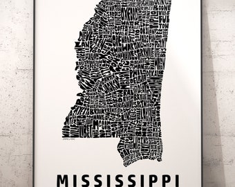 Mississippi Map, Mississippi Art, Mississippi Print, signed print of my original Mississippi typography map art