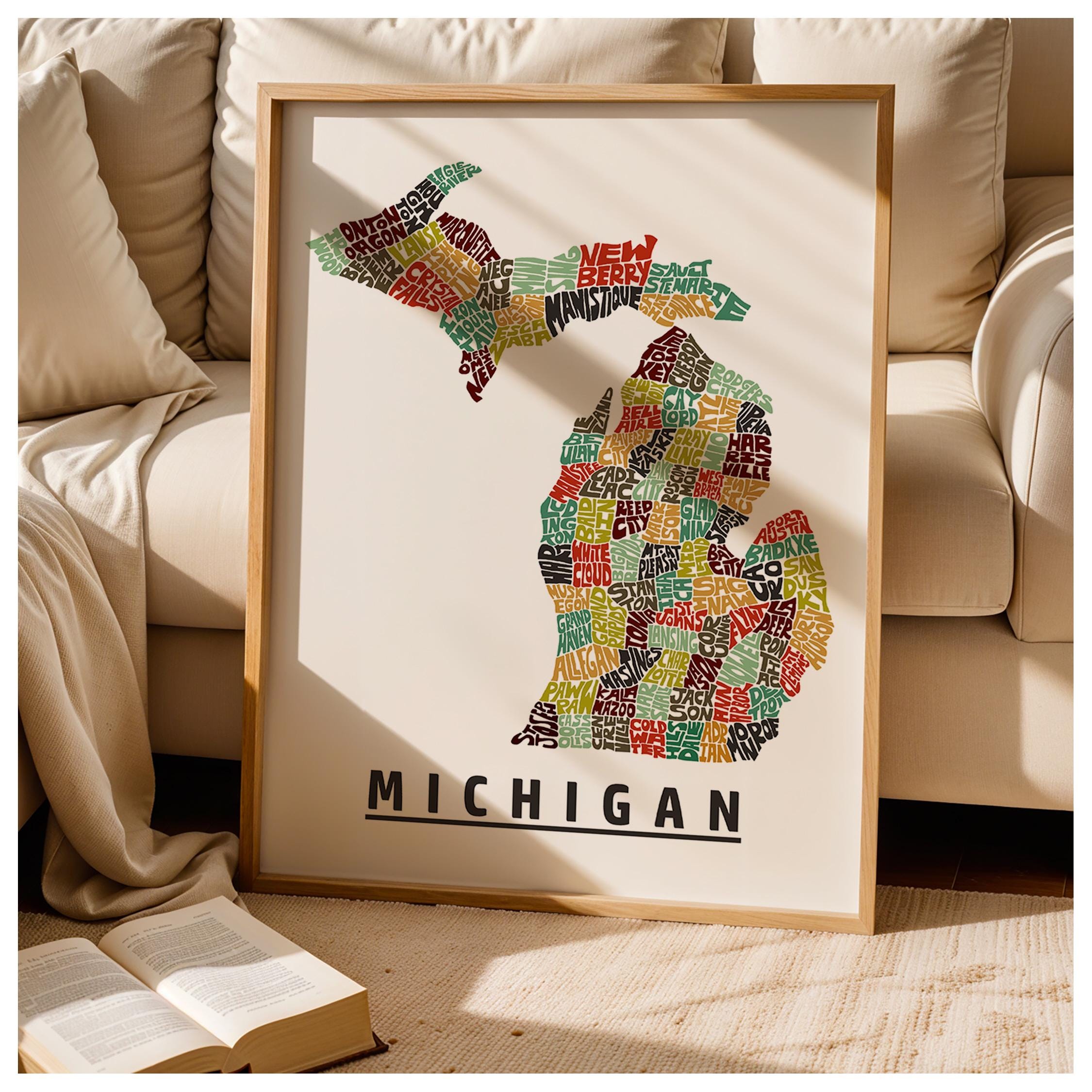 Michigan Pdf Frame Framed Michigan Map Art Print, Michigan Art Print, Many Sizes, Color ...