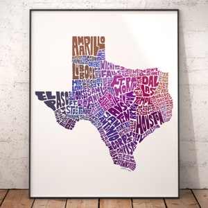 Texas map art, Texas decor, Texas artwork, print of my original Texas typography style map art Purple Tones