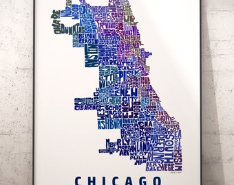 Chicago neighborhood map print, signed print of my original hand drawn Chicago map art