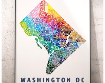 Washington DC neighborhood map art print, signed print of my original hand drawn Washington DC typography art, Washington DC gift