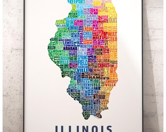 Illinois map art print, Illinois decor, Illinois gift, signed print of my original hand drawn Illinois art, Illinois print