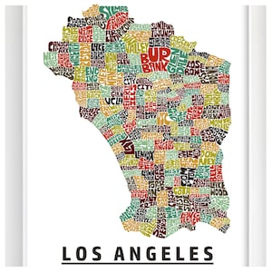Los Angeles neighborhood map print, Los Angeles map art print, Several Colors and Sizes Available, Hand-lettered map of Los Angeles poster