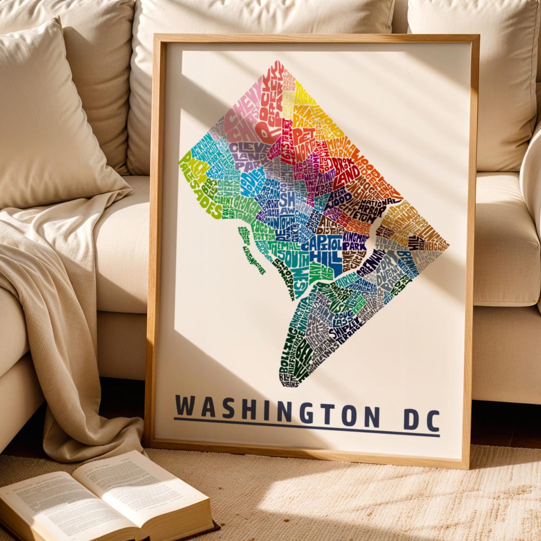 Framed Washington DC Neighborhoods Map Art Print - Multiple Sizes ...