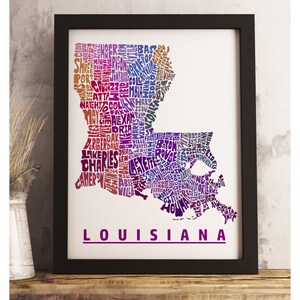 Louisiana map art FRAMED, available in several colors and sizes, Louisiana art print, Louisiana map print, Louisiana decor Purple Tones