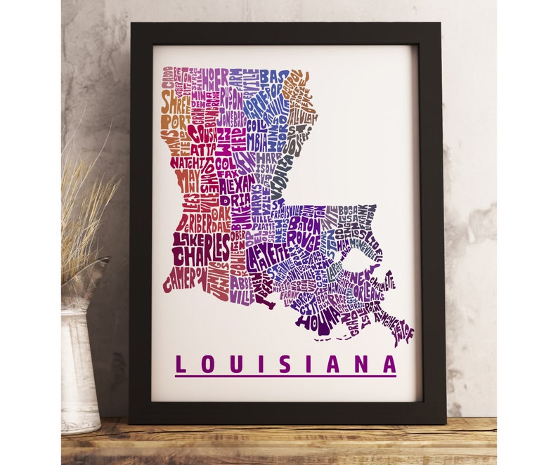Louisiana map art FRAMED, available in several colors and sizes, Louisiana art print, Louisiana map print, Louisiana decor Purple Tones