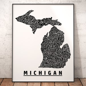 Michigan Map, Michigan Art, Michigan Print, signed print of my original Michigan typography map art
