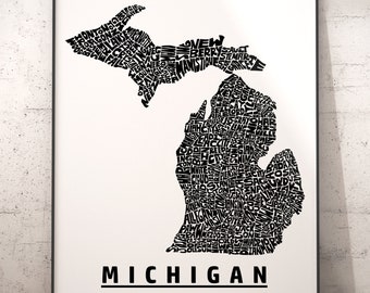 Michigan Map, Michigan Art, Michigan Print, signed print of my original Michigan typography map art