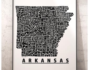 Arkansas map art, Arkansas art print, print of my original hand drawn Arkansas typography, Arkansas gift, multiple colors available