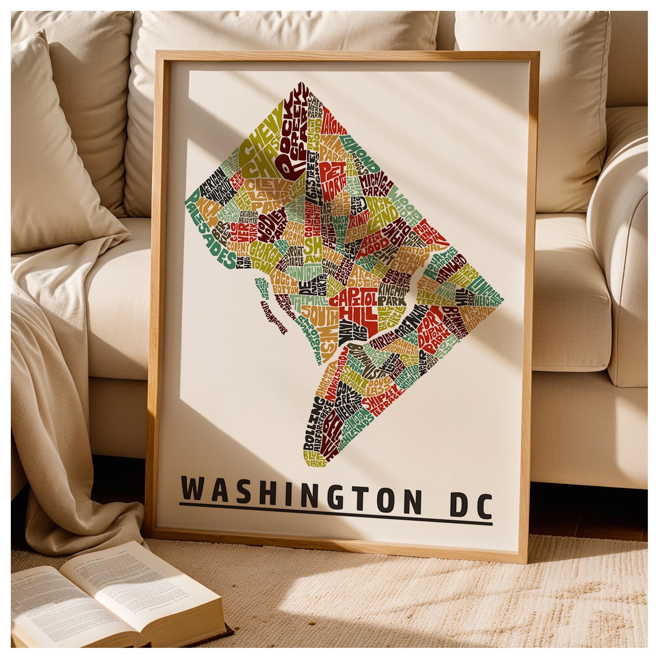 Framed Washington DC Neighborhoods Map Art Print, Multiple Sizes, Color ...