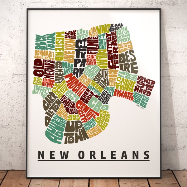 New Orleans Neighborhood Map Print, signed print of my original hand drawn New Orleans map art