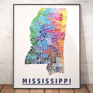 Mississippi art print, Mississippi map art, signed print of my original hand drawn Mississippi map art