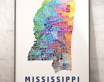 Mississippi art print, Mississippi map art, signed print of my original hand drawn Mississippi map art