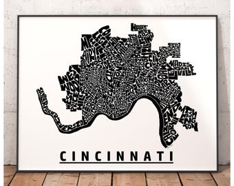 Cincinnati neighborhood map art print, Cincinnati gift, signed print of my original hand drawn Cincinnati typography art, other colors avail