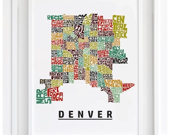Denver neighborhood map print, Denver map art print signed, Several Colors and Sizes Available, Hand-lettered map of Denver poster