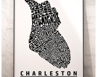 Charleston neighborhood map art print, Charleston gift, signed print of my original hand drawn Charleston typography art, other colors avail