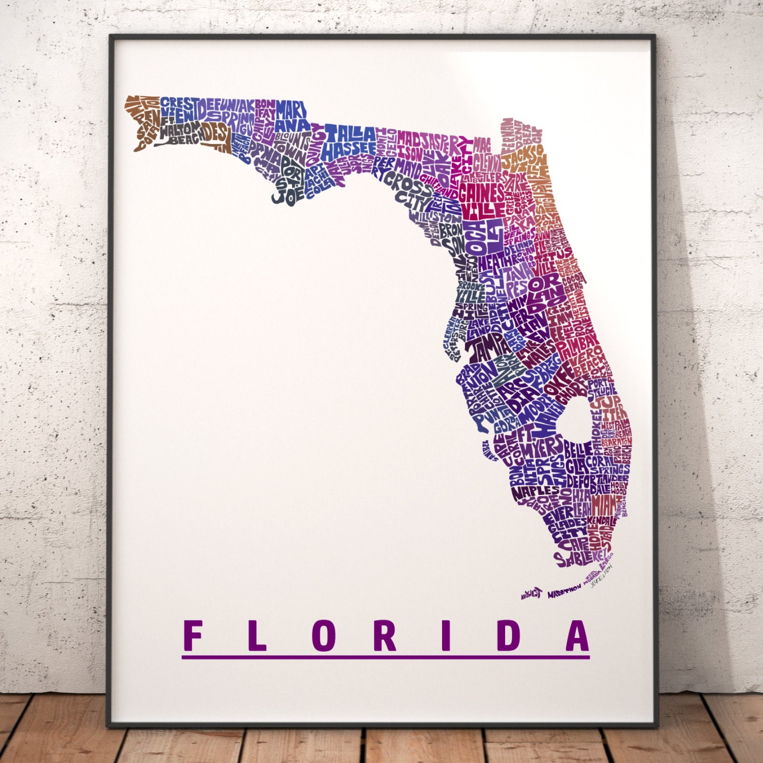Florida map art Florida typography map signed print of my | Etsy