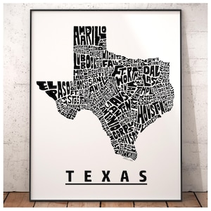 Texas map art, Texas art print, print of my original hand drawn Texas typography, Texas gift, multiple colors available