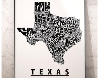 Texas map art, Texas art print, print of my original hand drawn Texas typography, Texas gift, multiple colors available