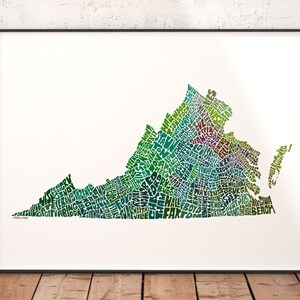 Virginia map art, Virginia decor, Virginia artwork, print of my original Virginia typography style map art Green Tones
