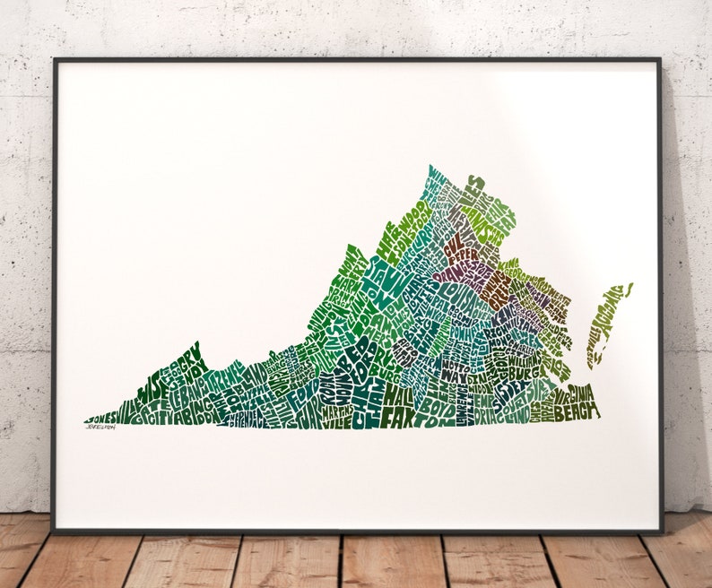 Virginia map art, Virginia decor, Virginia artwork, print of my original Virginia typography style map art Green Tones