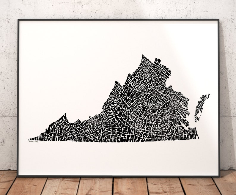 Virginia map art, Virginia decor, Virginia artwork, print of my original Virginia typography style map art Black and White