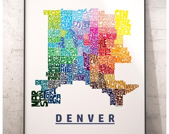 Denver neighborhood map art print, signed print of my original hand drawn Denver typography art, Denver gift