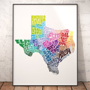 Texas map art, Texas decor, Texas artwork, print of my original Texas typography style map art Rainbow