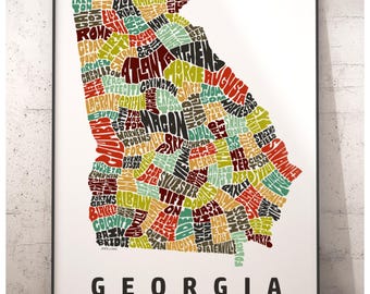 Georgia map art, Georgia art print, signed print of my original hand drawn Georgia typography art, Georgia gift, Georgia decor