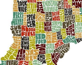 Indiana map art, Indiana decor, Indiana artwork, print of my original Indiana typography style map art