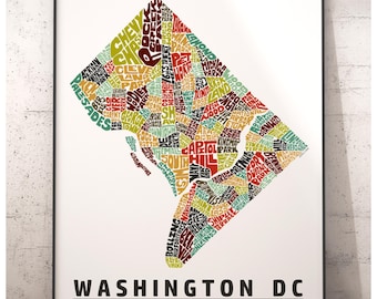 Washington DC neighborhood map print, signed print of my original hand drawn Washington DC map art, Washington DC gift