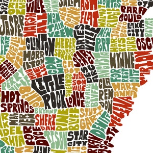 Arkansas map art, Arkansas decor, Arkansas gift, print of my original Arkansas typography style map art