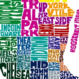 May include: A colourful word art map of New York City neighbourhoods. The map is shaped like the island of Manhattan and includes neighbourhood names like "Chelsea", "Midtown", "East Side", "Upper West Side", "Lincoln Square", "Greenwich Village", "Harlem", "Roosevelt Island", "Murray Hill", "Kips Bay", "Gramercy", "Stuyvesant", "Financial District", "Tribeca", "SoHo", "Lower East Side", "Chinatown", "Little Italy", "West Village", "Washington Heights", "Inwood", "The Bronx", "Queens", "Brooklyn", "Staten Island", "Manhattan", "New York City", "NYC".