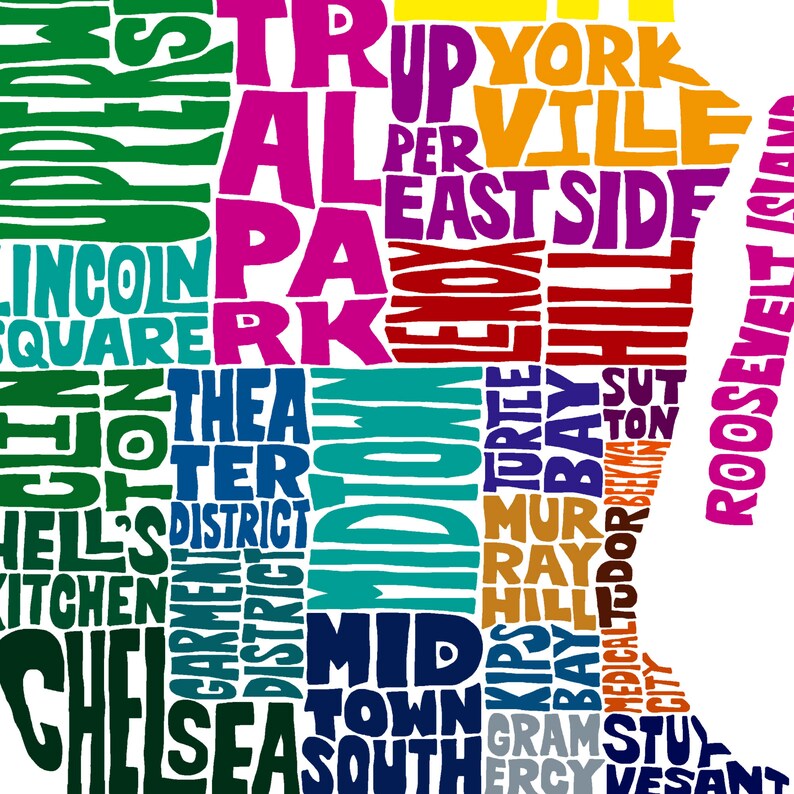 May include: A colourful word art map of New York City neighbourhoods. The map is shaped like the island of Manhattan and includes neighbourhood names like "Chelsea", "Midtown", "East Side", "Upper West Side", "Lincoln Square", "Greenwich Village", "Harlem", "Roosevelt Island", "Murray Hill", "Kips Bay", "Gramercy", "Stuyvesant", "Financial District", "Tribeca", "SoHo", "Lower East Side", "Chinatown", "Little Italy", "West Village", "Washington Heights", "Inwood", "The Bronx", "Queens", "Brooklyn", "Staten Island", "Manhattan", "New York City", "NYC".