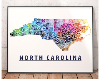 North Carolina map art print, North Carolina gift, signed print of my original hand drawn North Carolina art, North Carolina print