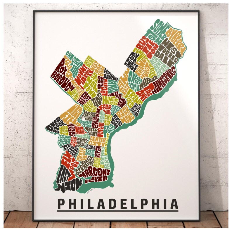Philadelphia neighborhood map art print, Philadelphia gift, print of my original hand drawn Philadelphia typography art, many colors avail Earth Tones