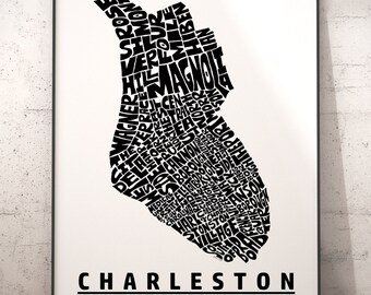 Charleston neighborhood map print, signed print of my original Charleston typography map art