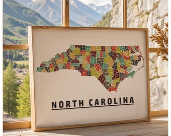 Impresión artística enmarcada del mapa de Carolina del Norte, impresión artística de Carolina del Norte, varios tamaños, esquemas de colores y opciones de marco disponibles, impresión del mapa de Carolina del Norte