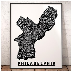 Philadelphia neighborhood map art print, Philadelphia gift, print of my original hand drawn Philadelphia typography art, many colors avail Black and White