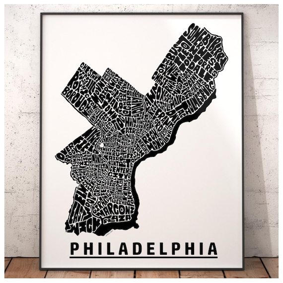 Philadelphia neighborhood map art print, Philadelphia gift, print of my original hand drawn Philadelphia typography art, many colors avail