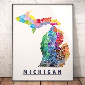 Michigan art print, Michigan map art, signed print of my original hand drawn Michigan map art