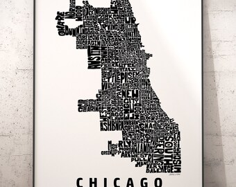 Chicago neighborhood map print, signed print of my original Chicago typography map art